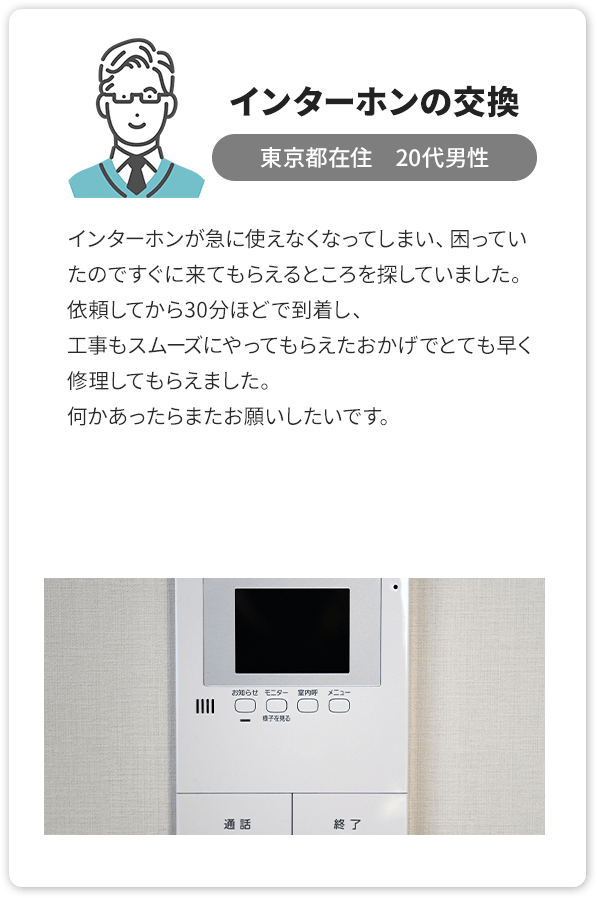 インターホンの交換、東京都在住　20代男性。インターホンが急に使えなくなってしまい、困っていたのですぐに来てもらえるところを探していました。依頼してから30分ほどで到着し、工事もスムーズにやってもらえたおかげでとても早く修理してもらえました。何かあったらまたお願いしたいです。